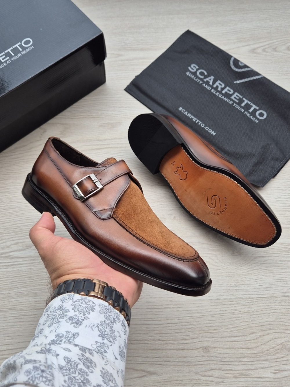 Massimo Monk Strap Shoes: Cognac Leather, Suede Toe Cap, Leather Sole